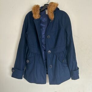 Tulle Anthropologie Wool Brown Faux Fur Trim Hood Long Blue Coat Size Medium